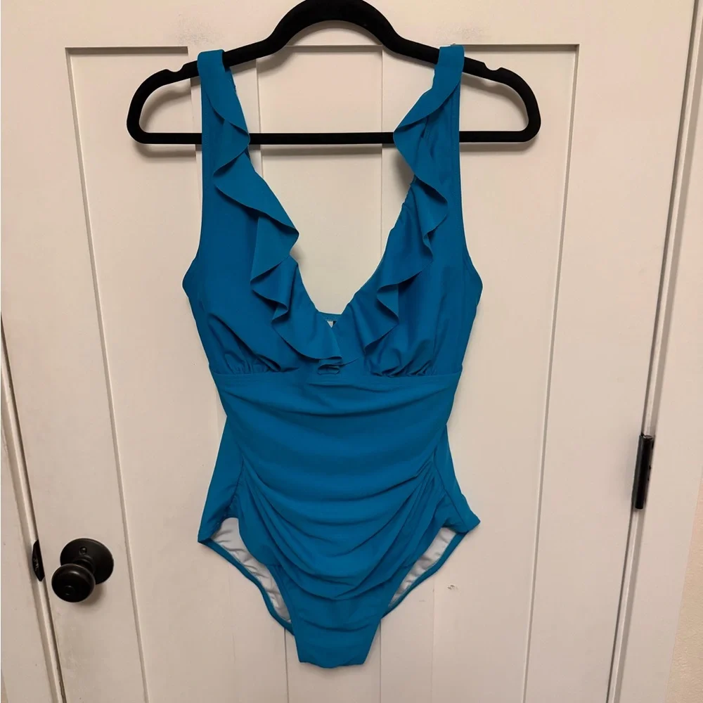 DKNY Ruffle Plunge Underwire Tummy Control One-Piece Swimsuit Teal Size 12 - Picture 3 of 7